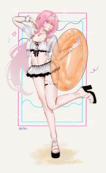 1girl ;p artist_name bikini blue_eyes breasts cleavage commentary elf elysia_(honkai_impact) elysia_(miss_pink_elf)_(honkai_impact) elysia_(summer_miss_elf)_(honkai_impact) full_body hairband highres holding holding_swim_ring honkai_(series) honkai_impact_3rd innertube jewelry large_breasts long_hair midriff mitsoire navel necklace official_alternate_costume one_eye_closed pink_hair platform_sandals pointy_ears sandals scrunchie shell shell_necklace simple_background solo swim_ring swimsuit symbol-only_commentary toes tongue tongue_out very_long_hair white_background white_bikini white_hairband wrist_scrunchie