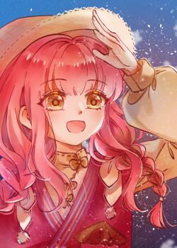 1girl blue_sky braid brown_eyes brown_hat chinese_clothes chinese_commentary collared_shirt colored_eyelashes commentary_request day dot_nose eyes_visible_through_hair go_go_duck_(shining_nikki) hair_over_shoulder hand_on_own_head happy hat highres irin_dayo long_hair long_sleeves looking_ahead low_twin_braids nikki_(nikki) nikki_(series) open_mouth outdoors pink_hair puffy_long_sleeves puffy_sleeves red_vest ribbon-trimmed_shirt ribbon_trim shining_nikki shirt sky smile snowing solo straw_hat twin_braids upper_body vest yellow_shirt