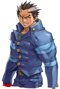 Rule 34 | 1boy, absurdres, belt, blue pants, cropped legs, doppelganger, edaki shin'ya, forked eyebrows, gakuran, game cg, gloves, grin, highres, justice gakuen, kirishima kurow, leg wrap, looking to the side, male focus, moero! justice gakuen, multicolored hair, non-web source, official art, pants, red gloves, scar, scar on face, scar on forehead, school uniform, simple background, smile, solo, standing, teeth, two-tone hair, vatsu, white background