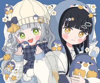 Rule 34 | 2girls, :d, animal hood, bird, black bow, black hair, black scarf, blue border, blue bow, blunt bangs, blush stickers, border, bow, closed mouth, commentary, eeppa, food, green eyes, grey hair, grid background, hat, hat bow, highres, hood, hood up, hoodie, long hair, long sleeves, looking at viewer, multiple girls, open mouth, original, outside border, penguin, penguin hood, popsicle, scarf, shirt, smile, symbol-only commentary, twitter username, upper body, watermark, white background, white hoodie, white shirt, yellow eyes