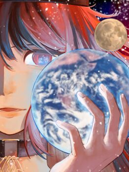 Rule 34 | 1girl, black choker, choker, commentary, earth (planet), english commentary, giant, giantess, hecatia lapislazuli, highres, long hair, moon, open mouth, planet, red eyes, red hair, rlwezar, smile, solo, touhou