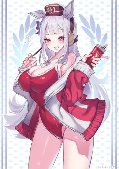 1girl animal_ears bare_shoulders blunt_bangs blush bow breasts brown_hat cleavage collarbone covered_navel diadoodlephelps ear_bow ear_ribbon food gold_ship_(umamusume) grey_hair grin hashtag-only_commentary hat highres holding holding_food holding_pocky horse_ears horse_girl jacket large_breasts long_hair looking_at_viewer no_tail one-piece_swimsuit open_clothes open_jacket open_mouth pillbox_hat pocky purple_bow purple_eyes red_jacket red_one-piece_swimsuit smile solo swimsuit teeth track_jacket umamusume