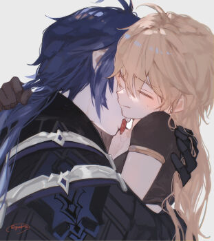2boys aether_(genshin_impact) black_gloves blonde_hair blue_hair closed_eyes flins_(genshin_impact) genshin_impact gloves gnmakosn hand_on_another&#039;s_shoulder highres licking_shoulder light_blush multiple_boys sweatdrop tongue tongue_out watermark white_background