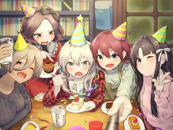 5girls ahoge asahi_breweries awa_subaru ayataka_syumimi black_bow black_hairband black_ribbon blue_eyes blush bookshelf bow brand_name_imitation brown_eyes brown_hair brown_overalls cake collarbone commentary_request confetti dress ebizuka_tomo food fork fruit girls_band_cry grey_eyes grey_hair grey_sweater hair_between_eyes hair_bow hair_ribbon hairband hat highres holding holding_fork holding_plate indoors iseri_nina jacket kawaragi_momoka long_hair long_hair_between_eyes lower_teeth_only mole mole_under_eye multicolored_hair multiple_girls neck_ribbon one_eye_closed open_clothes open_jacket overalls parted_bangs party_hat pink_sweater plaid_clothes plaid_jacket plate purple_eyes red_dress red_eyes red_hair red_jacket ribbon roots_(hair) rupa_(girls_band_cry) selfie selfie_stick shirt short_hair sidelocks strawberry sweater teeth togenashi_togeari w white_ribbon white_shirt