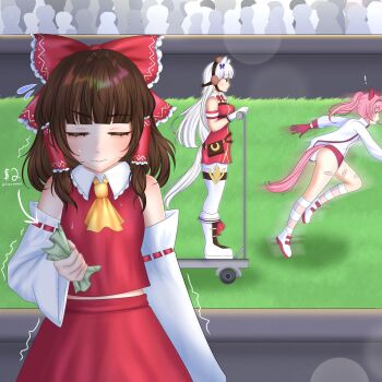 ! 3girls animal_ears ascot bandaid bandaid_on_leg bow brown_hair brown_hat crossover detached_sleeves dress ear_bow ear_covers ear_ornament ear_ribbon frilled_bow frilled_hair_tubes frills gloves gold_ship_(umamusume) grey_hair hair_bow hair_tubes hairband hakurei_reimu haru_urara_(umamusume) hat headband highres holding holding_money horse_ears horse_girl horse_tail jacket kitty_(3kittie9) long_hair medium_hair money motor_vehicle multiple_girls on_scooter open_mouth outdoors pantyhose pillbox_hat pink_eyes pink_hair ponytail red_bow red_dress ribbon ribbon_trim riding scooter shoes skirt tail touhou umamusume yellow_ascot