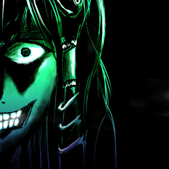 1girl album_art bad_id bad_pixiv_id colored_skin constricted_pupils crazy creepy disturbed evil_grin evil_smile female_focus green_skin grin horror_(theme) kochiya_sanae portrait smile solo source_request teeth touhou violence_kumahina you_gonna_get_raped