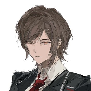 Rule 34 | 1girl, black jacket, brown hair, chinese commentary, collared shirt, commentary request, ear piercing, highres, jacket, lapels, limbus company, necktie, notched lapels, outis (project moon), piercing, project moon, red necktie, rostina rt, shirt, short hair, simple background, solo, white background, white shirt