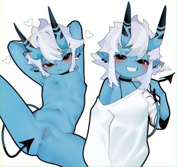 1girl absurdres anus arms_behind_head black_choker black_tail blue_skin blue_tail brown_eyes choker cleft_of_venus closed_mouth colored_skin completely_nude grin highres holding_own_tail horns loli looking_at_viewer multiple_views navel naxius_noxy nipples nude oni pointy_ears pussy shirt short_hair simple_background skin-covered_horns smile soukaku_(zenless_zone_zero) spread_legs stomach tail two-tone_tail uncensored white_background white_hair white_shirt zenless_zone_zero