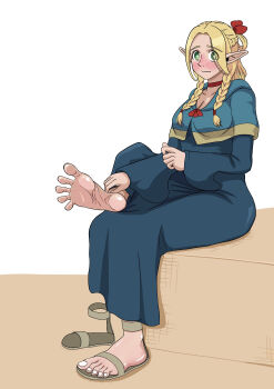 1girl absurdres barefoot blonde_hair blush breasts cleavage crossed_legs dungeon_meshi elf feet green_eyes highres long_hair looking_at_viewer marcille_donato pointy_ears sandals shoes sizhi_yuhe soles toes unworn_sandals unworn_shoes