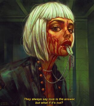 1girl angel_ganev black_jacket blood blood_on_face blood_on_neck blunt_bangs bob_cut chromatic_aberration commentary english_commentary english_text face_piercing highres indoors jacket jewelry looking_at_viewer mouth_hold necklace nose_piercing open_clothes open_jacket original parted_lips piercing portrait razor_blade realistic red_lips short_bangs short_hair solo subtitled thick_eyelashes tile_wall tiles white_hair yellow_eyes