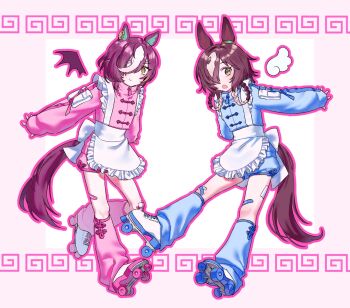 2girls animal_ears apron baejimile blue_jacket blue_shoes blue_shorts blue_socks braid brown_eyes brown_hair closed_mouth commentary_request detached_wings eyepatch frilled_apron frills hair_over_one_eye hair_rings highres horse_ears horse_girl horse_tail jacket long_hair long_sleeves loose_socks meandros mini_wings multicolored_hair multiple_girls open_mouth outline pink_background pink_jacket pink_outline pink_shorts pink_socks puffy_long_sleeves puffy_sleeves purple_wings roller_skates shoes shorts skates sleeves_past_wrists smile socks tail tanino_gimlet_(umamusume) twin_braids two-tone_background two-tone_hair umamusume vodka_(umamusume) white_apron white_background white_hair white_shoes white_wings wings