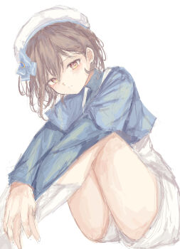 1girl absurdres bang_dream! bang_dream!_it&#039;s_mygo!!!!! beret blue_bow blue_shirt blue_shorts blush bow brown_eyes closed_mouth commentary grey_hair hat hat_bow highres latte_bf long_sleeves looking_at_viewer shirt short_hair shorts simple_background solo takamatsu_tomori white_background white_hat