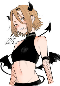 1girl absurdres black_shirt brown_eyes brown_hair commentary_request crop_top demon_horns demon_tail demon_wings fishnet_gloves fishnets gloves grin halterneck highres horns k-on! looking_at_viewer shirt short_hair simple_background smile solo suzuo_(zuo) tail tainaka_ritsu twitter_username white_background wings
