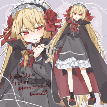 1girl absurdres ankle_boots artist_name black_cape black_collar black_hairband blonde_hair blush boots bow bowtie buttons cape closed_mouth collar collared_cape commentary commission dot_nose double-breasted dress embarrassed fang flower footwear_bow frilled_dress frilled_hairband frills full_body grey_dress hair_between_eyes hair_flower hair_ornament hairband hand_up head_tilt highres komerina light_blush long_hair long_sleeves looking_at_viewer multiple_views narrowed_eyes open_mouth original purple_background red_bow red_bowtie red_cape red_eyes red_flower red_rose rose sidelocks signature skin_fang sleeves_past_wrists standing star_(symbol) translated two-sided_cape two-sided_fabric two-tone_cape upper_body v-shaped_eyebrows vampire very_long_hair wavy_mouth white_trim
