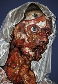1other ambiguous_gender black_hair blood bloodshot_eyes body_horror bridal_veil bride bug dieantwoord2580 earrings exposed_muscle fly guro hair_slicked_back highres insect jewelry looking_to_the_side original other_focus skinned solo tongue tongue_out upper_body veil wide-eyed