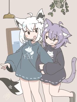 2girls :3 :o ahoge alternate_costume animal_ear_fluff animal_ears animal_print artist_logo black_shirt blush braid brown_background brown_shoes cat_ears cat_girl cat_print cat_tail ceiling_light check_costume closed_mouth clothes_writing commentary_request cowboy_shot crossed_bangs derorean1212 double-parted_bangs earrings english_text fox_ears fox_girl fox_print fox_tail grey_shirt half-closed_eyes highres hololive hug hug_from_behind indoors jewelry leg_up logo long_sleeves looking_to_the_side medium_hair multiple_girls nekomata_okayu open_mouth oversized_clothes oversized_shirt plant potted_plant purple_hair shirakami_fubuki shirt shoes single_braid single_earring smirk split_mouth star_(symbol) surprise_hug surprised tail virtual_youtuber white_hair window yuri