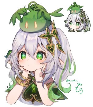 Rule 34 | 1girl, animal, animal on head, bare shoulders, bracelet, commentary, cropped torso, dendro slime (genshin impact), genshin impact, genshin impact sticker redraw (meme), gold trim, gradient hair, green eyes, green hair, hair between eyes, head rest, highres, jewelry, light blush, long hair, looking up, m o ch i, meme, multicolored hair, nahida (genshin impact), official art inset, on head, pointy ears, reference inset, side ponytail, signature, simple background, sleeveless, slime (genshin impact), symbol-shaped pupils, twitter username, white background, white hair