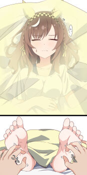 Rule 34 | 1girl, alternate costume, animal ears, bed, blush, braid, breasts, brown hair, buena vista (umamusume), closed eyes, closed mouth, collarbone, feet, hair between eyes, hair ornament, hairband, highres, hiro (pqtks113), horse ears, medium breasts, medium hair, portrait, sleeping, tickling, tickling feet, umamusume