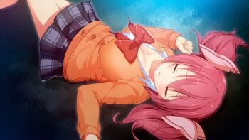 1girl bow bowtie breasts cleavage closed_eyes game_cg huge_breasts long_sleeves lying miniskirt moe!_ninja_girls momochi_myu official_art on_back on_grass open_mouth outdoors pink_hair plaid_clothes plaid_skirt pleated_skirt red_bow red_bowtie school_uniform short_twintails skirt sleeping sleeves_past_wrists solo third-party_source twintails