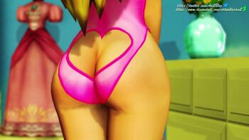1girl 3d animated arms_behind_back ass ass_cutout ass_shake bouncing_breasts breasts butt_crack close-up clothing_cutout covered_erect_nipples huge_ass jiggle large_breasts legs long_hair looking_at_viewer looking_back mario_(series) nintendo one-piece_swimsuit open_mouth pink_lips princess princess_peach smile solo swimsuit tagme thighs tongue video virtuablueam2 waving waving_at_viewer