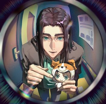 Rule 34 | 1boy, aminogoose77, animal hood, brown hair, character doll, commentary, dog hood, doll, english commentary, eren yeager, fisheye, green eyes, green shirt, grey jacket, grey pants, highres, hood, indoors, jacket, long hair, looking at viewer, male focus, pants, parted bangs, parted lips, pointing, pointing at object, pov peephole, shingeki no kyojin, shirt, smile, solo