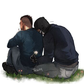 ... 2boys bara call_of_duty call_of_duty:_modern_warfare_2 couple facing_away from_behind ghost_(modern_warfare_2) highres leaning_on_person male_focus mask multiple_boys pants short_hair soap_(modern_warfare_2) teslit4 undercut white_background yaoi