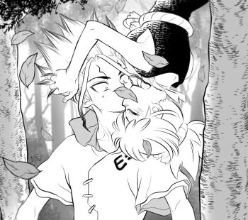 1boy 1girl artist_name blurry blurry_background breasts bush censored choker closed_eyes collarbone collared_shirt dr._stone e=mc2_(equation) facial_mark falling_leaves forest greyscale hands_on_another&#039;s_head hanging_from_tree hetero ishigami_senkuu kiss kohaku_(dr._stone) leaf leaf_censor medium_breasts monochrome nature ninomae_gin novelty_censor outdoors ponytail rope_belt shirt short_sleeves sideboob signature spiked_hair surprise_kiss surprised sweatdrop tree upside-down wide-eyed