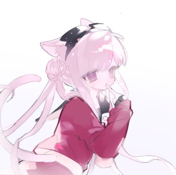 Rule 34 | 1girl, animal ears, black bow, black hairband, black sailor collar, bow, cat ears, cat girl, cat tail, commentary request, cowboy shot, eating, goupaifentiao, grey background, hairband, highres, kemonomimi mode, long hair, long sleeves, pink eyes, pink hair, pleated skirt, red serafuku, red shirt, red skirt, sailor collar, sailor shirt, school uniform, serafuku, shirt, simple background, skirt, sleeves past wrists, solo, tail, tareme, the hundred line -last defense academy-, tsukumo kako, twintails, very long hair