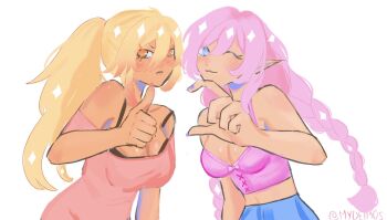 2girls black_bra blonde_hair blue_eyes blue_skirt bra bra_peek breasts camisole cleavage commentary cyrene_(aedes_elysiae)_(honkai:_star_rail) cyrene_(honkai:_star_rail) english_commentary genderswap genderswap_(mtf) half-heart_hands heart_hands_failure highres honkai:_star_rail honkai_(series) large_breasts long_hair looking_at_viewer multiple_girls mydei_(honkai:_star_rail) mydeim0s navel orange_eyes pink_camisole pink_hair pink_shirt pointy_ears shirt simple_background skirt thumbs_up underwear very_long_hair white_background