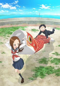 Rule 34 | 1boy, 1girl, absurdres, black hair, black jacket, blue sky, brown eyes, brown footwear, brown hair, day, energy barrier, fish, forehead, full body, grey footwear, highres, horizon, jacket, karakai jouzu no takagi-san, key visual, koinobori, loafers, long hair, long skirt, looking back, neckerchief, nishikata, ocean, official art, outdoors, parted bangs, perspective, pleated skirt, promotional art, red neckerchief, road, running, sailor collar, school uniform, serafuku, shirt, shoes, skirt, sky, sneakers, sweat, takagi-san, tripping, white shirt, windsock