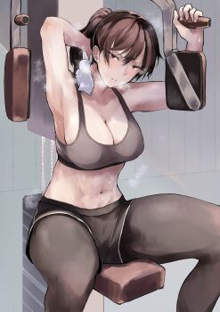 1girl abs absurdres armpits breasts brown_eyes brown_hair cleavage exercising exercise_machine gym gym_uniform highres kyoyakyo large_breasts looking_at_viewer midriff original ponytail short_ponytail shorts sitting solo sports_bra steam sweat sweatdrop toned towel tsurime