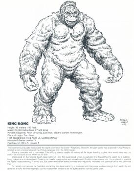 absurdres ape arthur_adams artist_name character_name character_profile copyright_name crossover english_text epic giant giant_monster godzilla_(series) gorilla highres kaiju king_kong king_kong_(series) king_kong_vs._godzilla monochrome monster muscular muscular_arms muscular_legs muscular_male muscular_other no_humans official_art sharp_teeth signature simple_background teeth text_focus toho white_background