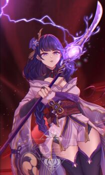 1girl blueiris_099 blunt_bangs blurry braid breasts bridal_gauntlets cleavage clothing_cutout collarbone commentary commission depth_of_field electricity english_commentary fan_hair_ornament genshin_impact glowing glowing_weapon hair_ornament highres holding holding_polearm holding_weapon japanese_clothes kimono large_breasts light_particles lingerie long_braid looking_at_viewer looking_down mixed-language_commentary mole mole_under_eye multicolored_hair neck_ribbon off_shoulder open_mouth polearm purple_eyes purple_hair purple_kimono purple_thighhighs raiden_shogun red_background red_ribbon red_sash red_sky ribbon sash shade shoulder_cutout single_braid sky solo streaked_hair thighhighs underwear watermark weapon