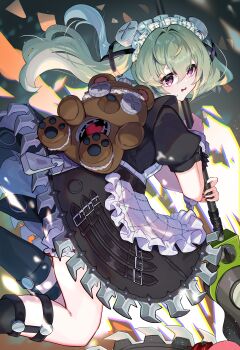Rule 34 | 1girl, absurdres, animal bag, apron, bear bag, black boots, black dress, black ribbon, boots, chain, commentary request, corin wickes, cuffs, dress, fingernails, frilled apron, frilled dress, frilled hairband, frills, green hair, hair between eyes, hairband, highres, holding, holding polearm, holding weapon, long hair, maid, maid apron, maid headdress, nail polish, open mouth, polearm, puffy short sleeves, puffy sleeves, purple eyes, ribbon, saw, short sleeves, solo, twintails, weapon, white apron, wzoarrylmovmuju, zenless zone zero