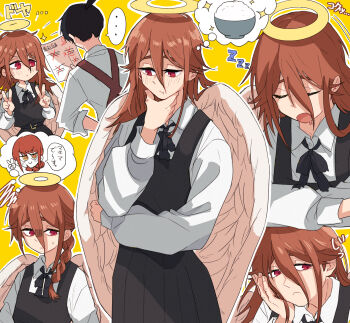 ... 2boys :< :t academic_test alternate_costume alternate_hairstyle angel_devil_(chainsaw_man) belt black_dress black_hair black_ribbon blush braid braided_ponytail brown_hair chainsaw_man commentary_request crossdressing crossdressing_(mtf) double_v dress drooling facing_another feathered_wings gozen_no_koucha hair_between_eyes halo hayakawa_aki highres holding holding_paper imagining long_hair long_hair_between_eyes makima_(chainsaw_man) male_focus mouth_drool multiple_boys multiple_views neck_ribbon paper pinafore_dress pleated_dress red_eyes ribbon rice school_uniform shirt sleeping sleeveless sleeveless_dress speech_bubble spoken_ellipsis squiggle sweatdrop test_score thought_bubble topknot translation_request trap v white_shirt white_wings wings yellow_background zzz