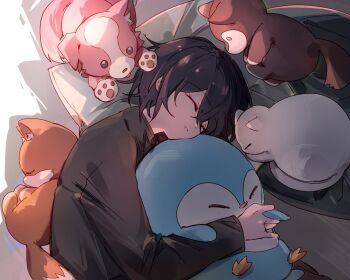 1girl bang_dream! bang_dream!_it&#039;s_mygo!!!!! black_shirt cat chihaya_anon closed_eyes dog fox grey_hair hibioes kaname_raana long_sleeves lying nagasaki_soyo on_side open_mouth pillow raana_the_cat shiina_taki shirt short_hair sleeping stuffed_animal stuffed_penguin stuffed_toy takamatsu_tomori