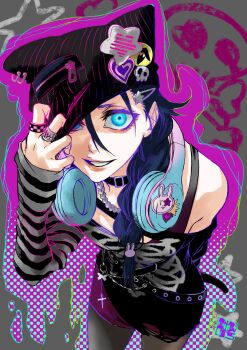 1girl absurdres animal_hat badge beanie belt black_hair bleach blue_eyes braid chappy collar detached_sleeves hair_ornament hair_over_shoulder hairclip halftone halftone_outline hand_on_headwear hat headphones headphones_around_neck highres jewelry ken'ichi_(ken1ro_u) kuchiki_rukia long_hair necklace outline pink_outline ring single_off_shoulder skeleton_print smile solo sticker zipper