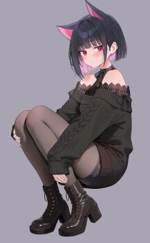 1girl animal_ears bare_shoulders black_boots black_hair black_pantyhose black_sweater blue_archive blue_shorts blush boots cat_ears cat_girl closed_mouth colored_inner_animal_ears colored_inner_hair extra_ears hair_ornament hairclip high_heel_boots high_heels highres kazusa_(blue_archive) long_sleeves looking_at_viewer multicolored_hair nail_polish off-shoulder_sweater off_shoulder pantyhose pink_hair red_eyes ribbed_sweater ryouta_(ryouta335) short_hair short_shorts shorts sleeves_past_wrists solo squatting sweater two-tone_hair