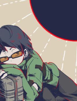 Rule 34 | 1boy, black hair, black pants, black sun, briefcase, covered mouth, elbow gloves, fingerless gloves, glasses, gloves, green jacket, grey background, hemosuke, jacket, male focus, pants, persona, persona 3, shirato jin, short hair, solo, sun, tinted eyewear, yellow-tinted eyewear