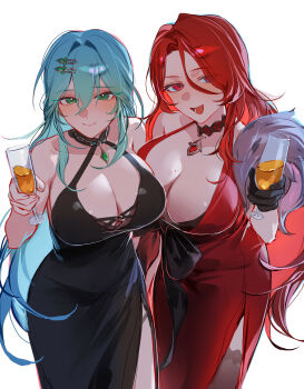 2girls absurdres alternate_costume bare_arms bare_shoulders black_dress black_gloves breasts brown_thighhighs cleavage closed_mouth commentary_request cowboy_shot cup dress frederica_(starseed) gem gloves green_eyes green_gem green_hair hair_between_eyes hair_ornament hairclip hand_up highres holding holding_cup huge_breasts light_smile long_dress long_hair looking_at_viewer multiple_girls open_mouth parallel_hairclips rayhou_(starseed) red_dress red_eyes red_gem red_hair shibuya_(kurokamishain) simple_background sleeveless sleeveless_dress starseed:_asnia_trigger thighhighs white_background