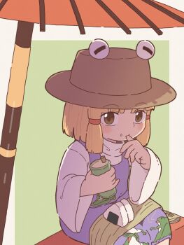 1girl animal_print blonde_hair blush commentary cup dress food food_on_face frog_print hakugomaabura_(kourin1219) highres holding holding_cup long_sleeves looking_at_viewer medium_hair moriya_suwako onigiri purple_dress pyonta rice rice_on_face shirt sidelocks sitting solo thumb_to_mouth touhou turtleneck turtleneck_shirt under_umbrella white_shirt yellow_eyes