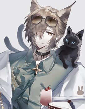 Rule 34 | 1boy, animal, animal ears, animal on shoulder, arknights, black cat, black choker, bochishiraita, brown hair, cake, cat, cat boy, cat ears, cat on shoulder, cherry, choker, collared shirt, cup, drinking glass, eyewear on head, food, fruit, green shirt, hair over one eye, highres, jacket, jacket partially removed, male focus, miss christine (arknights), neck tattoo, phantom (arknights), rabbit symbol, shirt, short hair, simple background, smile, solo, star (symbol), tattoo, tragodia (arknights), upper body, white background, white jacket, yellow eyes