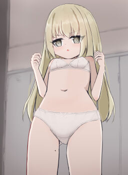 1girl blonde_hair blush bow bow_bra bow_panties bra breasts ceiling collarbone crotch_seam eyes_visible_through_hair from_below grey_bow grey_bra grey_eyes grey_panties locker locker_room loli long_hair mole mole_on_thigh navel open_mouth original panties polka_dot polka_dot_bra shooko small_breasts standing underwear