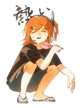 1girl a.i._voice adachi_rei alternate_costume black_shirt closed_eyes commentary facing_viewer full_body grey_shorts hand_fan handheld_electric_fan headset highres holding holding_fan hot lewhirr one_side_up open_mouth orange_hair sandals shirt short_sleeves shorts simple_background solo squatting sweat t-shirt utau white_background