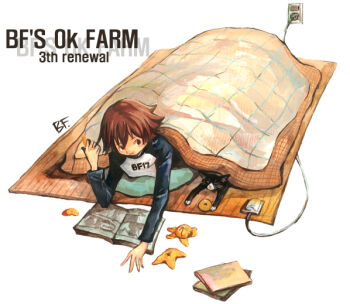 1girl archived_source bf._(sogogiching) black_cat black_fur blue_sleeves book brown_eyes brown_hair cable cat closed_eyes eating electric_plug food fruit futon hair_ornament heater impasto long_sleeves looking_to_the_side lying mandarin_collar manga_(object) number_print on_pillow on_stomach open_book orange_(fruit) orange_slice original pillow print_shirt raglan_sleeves shirt signature sleeping slice_of_life text_print tuxedo_cat two-tone_fur whiskers white_fur