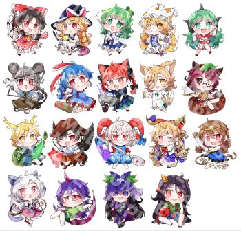 6+girls animal_ear_fluff animal_ears animal_hat antlers apron ascot ball_and_chain_restraint bandana bandana_around_neck barefoot basket bear_trap between_fingers bird black_gloves black_hair black_wings blonde_hair blue_capelet blue_dress blue_hair blue_shirt blue_shorts blue_skirt blue_tabard blue_vest blush bo_staff bow braid broom broom_riding brown_eyes brown_hair brown_hat brown_horns brown_shirt capelet cat_ears chibi chibi_only circlet clone closed_mouth cloud_print commentary_request cone_horns cowboy_hat cuffs curly_hair detached_sleeves dog_ears dog_girl dog_tail dowsing_rod dragon_girl dragon_horns dragon_tail dress dual_wielding eagle eagle_spirit_(touhou) earclip extra_ears feathered_wings fire flaming_skull flower flower_on_head food_print fox_ears fox_girl fox_tail frilled_bow frilled_hair_tubes frilled_skirt frills frog_hair_ornament fruit_print full_body fur-tipped_tail futatsuiwa_mamizou glasses gloves gohei gold_circlet gourd grape_print green_dress green_eyes green_hair green_scales green_shirt green_shorts green_tail grey_hair hair_between_eyes hair_bow hair_ornament hair_tubes hakurei_reimu hat hat_with_ears highres holding holding_gohei holding_mallet holding_ofuda holding_smoking_pipe holding_spork holding_test_tube holding_with_tail horn_ornament horn_ribbon horns ibuki_suika jewelry kaenbyou_rin kariyushi_shirt kicchou_yachie kine kirisame_marisa kiseru kitsune kochiya_sanae komainu_girl komano_aunn kudamaki_tsukasa kurokoma_saki leaf leaf_on_head lizard_tail lobelia_(flower) long_hair long_sleeves looking_at_viewer magic mallet mini_person minigirl mitsugashira_enoko mizuni_takenoko mob_cap monkey_girl monkey_tail mouse_ears mouse_girl mouse_tail multicolored_dress multicolored_hair multiple_girls multiple_tails nazrin necklace nippaku_zanmu off-shoulder_shirt off_shoulder official_alternate_costume ofuda ofuda_between_fingers one_eye_closed oni open_mouth orange_skirt otter otter_spirit_(touhou) oversized_object paw_pose paw_print paw_print_pattern pendant pink_horns pink_tail pointy_ears prehensile_tail purple_dress purple_eyes purple_hair rabbit_ears rabbit_girl raccoon_ears raccoon_girl raccoon_tail red_bow red_eyes red_hair red_horns red_shirt red_skirt red_sleeves ribbon ribbon-trimmed_sleeves ribbon_trim romper sample_watermark seiran_(touhou) shackles sharp_teeth sheep_horns shirt short_hair short_sleeves shorts side_braid simple_background single_braid single_detached_sleeve single_hair_tube single_horn skirt skirt_set skull smile smoking_pipe snake_hair_ornament son_biten spork square_neckline star-shaped_pupils star_(symbol) symbol-shaped_pupils syringe tabard tail teeth tenkajin_chiyari test_tube touhou toutetsu_yuuma turtle_shell twin_braids two-tone_hair unfinished_dream_of_all_living_ghost very_long_hair very_long_tail vest vine_print waist_apron watermark wheelbarrow white_apron white_background white_bandana white_romper white_shirt white_shorts wings witch_hat wolf wolf_spirit_(touhou) yakumo_ran yellow_ascot yellow_dress yellow_eyes yellow_horns yomotsu_hisami