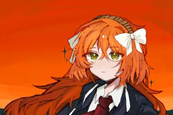 Rule 34 | 1girl, black jacket, bow, closed mouth, collared shirt, commentary, expressionless, freckles, green eyes, hair bow, ishmael (project moon), jacket, limbus company, long hair, necktie, orange hair, project moon, red necktie, shirt, sidelocks, solo, sparkle, sunset, toutoi n06e11, very long hair, white bow, white shirt