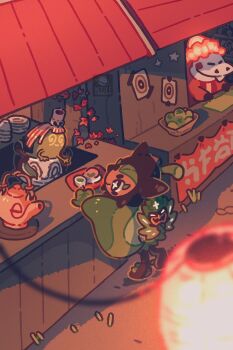 Rule 34 | commentary, crocalor, crocodile, crocodilian, english commentary, festival, food, highres, lantern, market stall, matcha (food), nintendo, no humans, ogerpon, ogerpon (teal mask), petite echorizon, pokemon, pokemon (creature), sinistcha, star-shaped pupils, star (symbol), symbol-shaped pupils