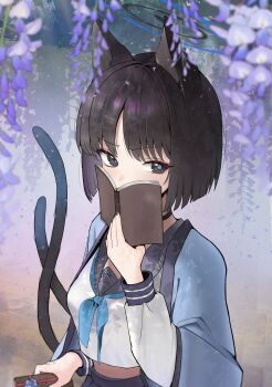 1girl absurdres animal_ears black_eyes black_hair black_sailor_collar blue_archive blue_kimono blue_neckerchief book cat_ears cat_girl cat_tail commentary covered_mouth covering_own_mouth crop_top crop_top_overhang cropped_shirt flower halo hand_up highres holding holding_book japanese_clothes kikyou_(blue_archive) kimono l_cy long_sleeves looking_at_viewer multicolored_halo neckerchief open_book open_clothes open_kimono parted_bangs purple_flower sailor_collar sailor_shirt school_uniform shirt solo tail upper_body v-shaped_eyebrows white_shirt