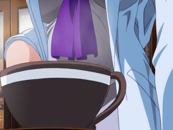 00s 2004 animated animated_gif anime_screenshot bible_black bible_black_new_testament blonde_hair breasts coffee_mug crossed_arms cup earrings formal_clothes jewelry lab_coat large_breasts lipstick long_hair makeup miniskirt mug purple_eyes saeki_kaori shin_bible_black shirt skirt smile suit tagme